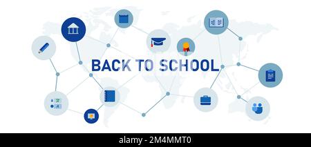 Das Back-to-School-Konzept illustrierte miteinander verbundene blaue Symbole weißer Hintergrund breiter Header im Unternehmensformat Stock Vektor