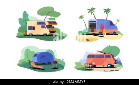 Set Campingwagen. Transport für Wohnmobile. Wohnmobil, Wohnmobil oder Oldtimer mit flachen Vektordarstellungen für Surfbrett, Tisch, Grill und Sonnenliege auf weißem Hintergrund Stock Vektor