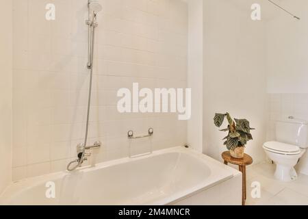 Ein Badezimmer mit Toilette und Badewanne neben der Badewanne, die sich vor der Duschkabine befindet Stockfoto