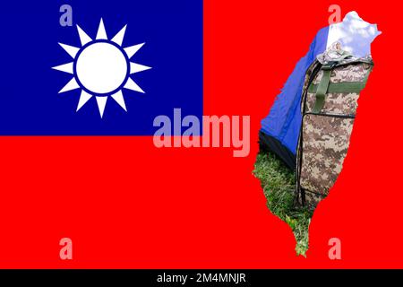 Taiwanesische Flagge, offizielle Farben und korrekte Proportionen. Nationale taiwanische Flagge. Taiwan-Karte. Demokratie. Krieg- und Militärrucksack. Unscharf. Stockfoto