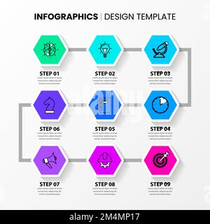 Infografik-Vorlage mit Symbolen und 9 Optionen oder Schritten. Zeitleiste. Kann für Workflow-Layout, Diagramm, Banner, webdesign verwendet werden. Vektorgrafik Stock Vektor