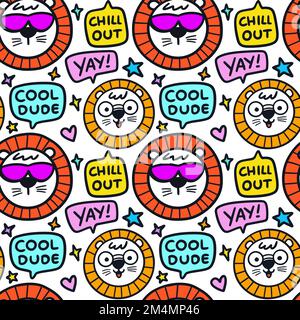 Handgezeichneter lustiger Löwe Doodle mit Sprechblase Doodle Illustration nahtloses Muster. Kann für Kinderbekleidung, Stoff, Verpackung, Textil, Tapete verwendet werden Stock Vektor