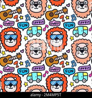 Hand drawn funny hippies lions cartoon doodle illustration seamless pattern. Can be used for kids apparel, fabric, wrapping, textile, wallpaper Stock Vektor