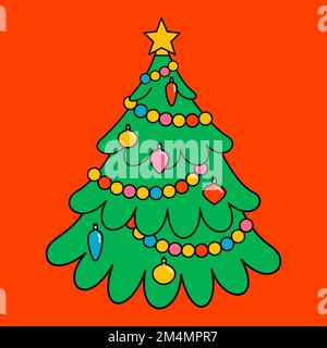 Fröhliche Weihnachten und ein frohes neues Jahr, trendige Cartoon-Charaktere im Retro-Look. Toller Hippie-Weihnachtsbaum. Vektor-Cartoon-Figuren und -Elemente. Stock Vektor