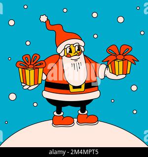 Frohe Weihnachten und eine trendige Retro-Cartoon-Karte für ein frohes neues Jahr. Toller Hippie-Weihnachtsmann mit Geschenken. Vektor-Cartoon-Figuren und -Elemente. Stock Vektor