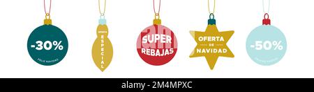Weihnachtsbälle aufhängen - Superangebot auf Spanisch. Frohe Weihnachten. Für Werbung, Werbeaktionen, Online-Shopping. Horizontales Banner. Vektordarstellung, Flachdesig Stock Vektor