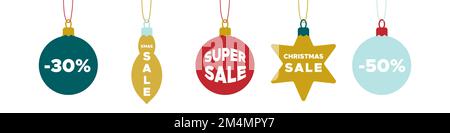 Weihnachtsbälle aufhängen Superangebot. Frohe Weihnachten. Für Werbung, Werbeaktionen, Online-Shopping. Horizontales Banner. Vektordarstellung, flaches Design Stock Vektor