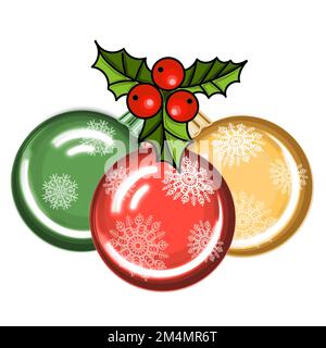 Weihnachtsbälle. JPEG-Illustration für Aufkleber, Erstellen von Mustern, Geschenkpapier, Postkarten, Designvorlage, Stoff, Stickerei. Stockfoto