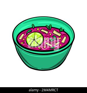 Suppe mit Tomaten in der Schüssel. Gazpacho, Curry, Brokkoli, Pilzcremesuppe isoliert auf weißem Hintergrund. Ideen für Mittag- oder Abendessen Stock Vektor