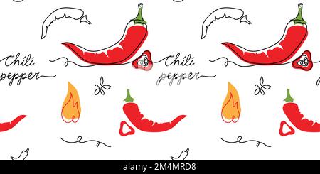Chili-Pfeffer, roter heißer Pfeffer, nahtloses Muster. Ein durchgehendes Strichkunstdesign mit Chili-Pfeffer-Muster Stock Vektor