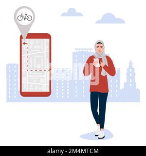 Vektordarstellung eine muslimische Frau verwendet eine App auf dem Handy für die Suche nach einem Fahrradverleih. Freigabesystem. Öffentliche Verkehrsmittel Peop Stock Vektor