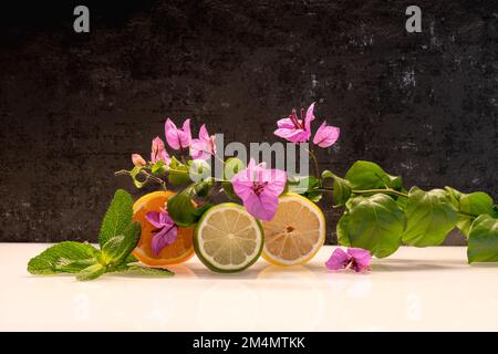 Gelbe Zitrone, Limette, Orange, geschnittene Zitrusfrüchte auf schwarzem Hintergrund. Stockfoto