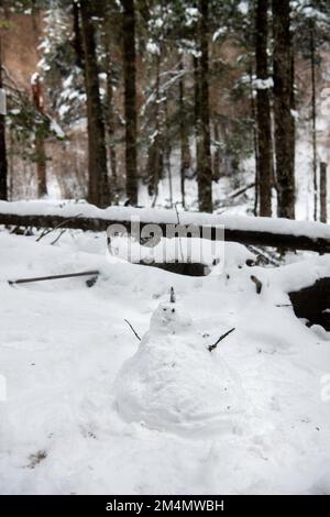 Eine vertikale Aufnahme des süßen kleinen Schneemanns im verschneiten Wald an einem kalten Wintertag Stockfoto