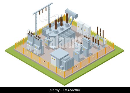 Isometrischer Transformer. Verteilerkette Der Elektroenergiefabrik. Isoliertes Set Icon Energie-Umspannwerk. Hochspannungs-Kraftwerk. Stock Vektor