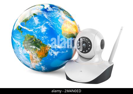Internet Protocol-Kamera mit Earth Globe, 3D-Rendering auf weißem Hintergrund isoliert Stockfoto
