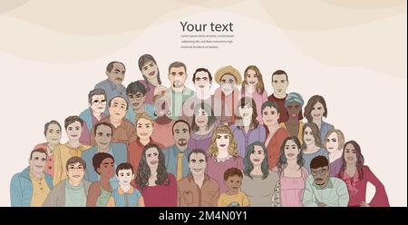 Banner – Titelseite oder Posterkopie mit einer Gruppe multikultureller Freiwilliger – bearbeitbare Vorlage. Gemeinnützige Vereinigung. Almosen und Solidarität Stock Vektor