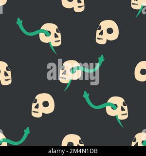 Schädel, Schlange, Becher, magische Symbole, nahtloses Muster. Magie und Tod, auf dunklem Hintergrund Stock Vektor