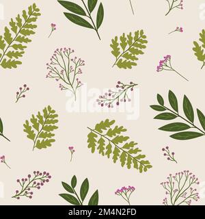 Einfaches, nahtloses Blumenmuster mit Blumen und Blättern. Farn- und Lorbeerblatt-botanisches Muster auf beigefarbenem Hintergrund. Blumenstruktur für Textil und Wand d Stock Vektor