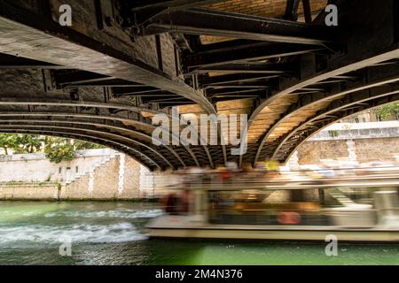 Halbabstrakte, hochauflösende architektonische Details des Pont au Double. Eisenbrücke in Paris, Frankreich, über die Wade Stockfoto