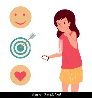 Das Mädchen hält ein Smartphone in der Hand. Emotionen. Stock Vektor