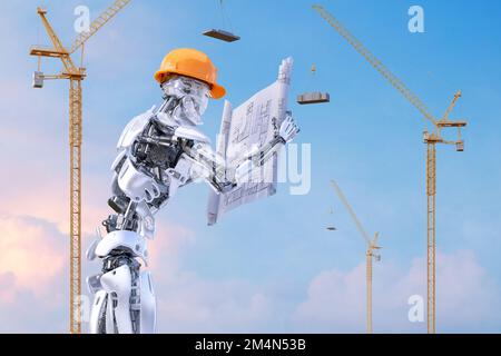 Roboter-Vorarbeiter im Schutzhelm hält Bauzeichnungen mit Turmkränen auf der Baustelle. Im Bau befindliche Gebäude. Roboter 3D Stockfoto