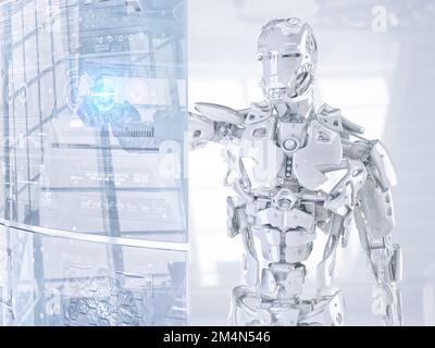 Roboter Cyborg android berührendes HUD Sci Fi-Display mit futuristischer Benutzeroberfläche. Innovative künstliche Intelligenz und virtuelle Realität, 3D Stockfoto