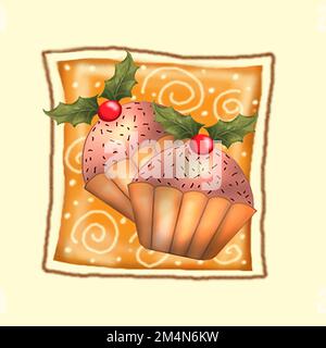 Weihnachtsmotive in Malerei mit Figuren und Geschenken. Stockfoto