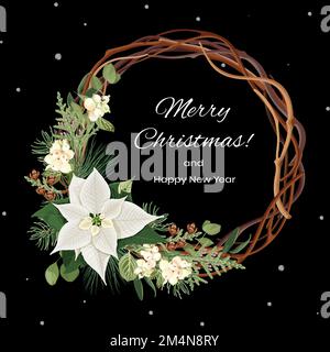 Weihnachtskranz mit weißen Poinsettia-Blumen, Thuja-Zweigen, Tanne, Kiefer, Eukalyptus und Schneebeere. Stock Vektor
