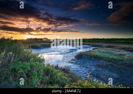 Der Kohleschuppen und die Sümpfe am Thornham Old Harbour bei Sonnenaufgang, Norfolk, England, Großbritannien Stockfoto