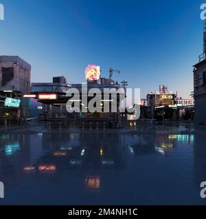 Eine 3D-Darstellung der wunderschönen Elemente einer futuristischen Stadt während des Sonnenuntergangs Stockfoto