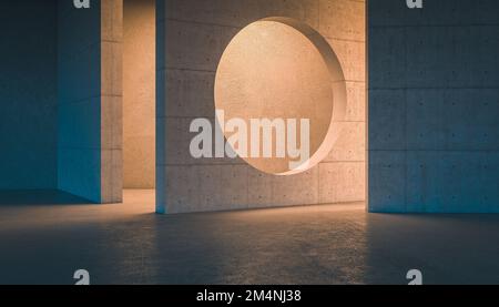 Abstrakter Betoninnenraum mit verschiedenen Leuchten. 3D-Rendern Stockfoto