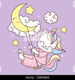 Süße Einhorn-Katze auf einer Schaukel am Himmel. Vektordarstellung Stock Vektor