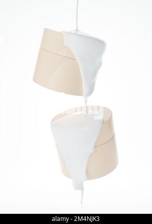 Zwei schwimmende Kosmetikgläser und flüssige Creme, die aus einer Höhe von über 3D cm strömt, werden auf weißem Hintergrund gerendert Stockfoto