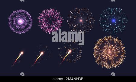 Realistische Feuerwerkskollektion auf dunklem Hintergrund mit Pfaden und Glitzereffekt Stock Vektor