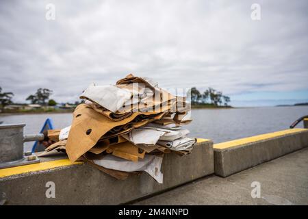 Recyceln von Pappe nach einem Angelausflug auf einem Boot in australien Stockfoto
