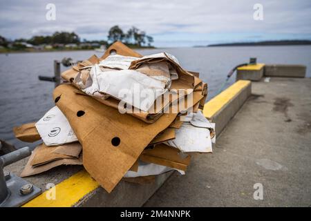 Recyceln von Pappe nach einem Angelausflug auf einem Boot in australien Stockfoto