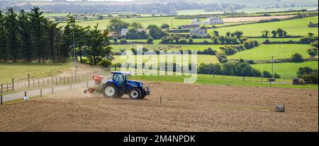 County Cork, Irland, 20. August 2022. Ein blauer Traktor sät an einem Sommertag in Irland ein gepflügtes Feld. Landwirtschaftliche Arbeit auf einem irischen Hof, landwirtschaftlich Stockfoto