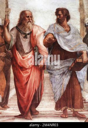 Plato und Aristoteles (rechts), Detail aus dem Fresko „Schule Athen“ von Raffael (Raffaello Sanzio da Urbino, 1483-1520), 1509 Stockfoto