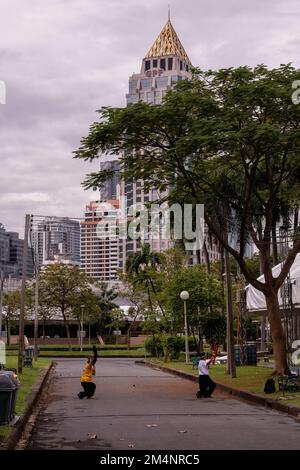 Bangkok, Thailand. 14. November 2022. Zwei Leute üben Tai Chi Fan im Lumpini Park, Bangkok, Thailand Stockfoto