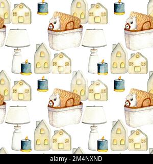 Muster. Korb, Kissen, Spielzeug-lama. Aquarelle Illustration der Innenausstattung des Wohnzimmers. Clipart (Clipart). Dekorelemente auf weißem Hintergrund. Kind Stockfoto