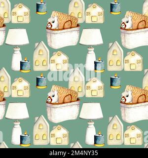 Muster. Korb, Kissen, Spielzeug-lama. Aquarelle Illustration der Innenausstattung des Wohnzimmers. Clipart (Clipart). Dekorelemente auf weißem Hintergrund. Kind Stockfoto