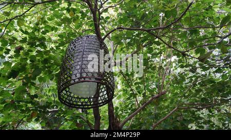 Lampenlampe aus gewebtem Bambusbezug, die im öffentlichen Park im Baum hängt Stockfoto