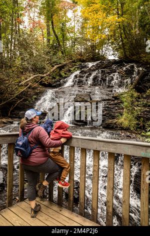 Mutter hält ihre beiden jungen Söhne hoch, um den Wasserfall von der Aussichtsplattform im Georgia Vogel State Park während einer Familienwanderung im Herbst zu sehen Stockfoto