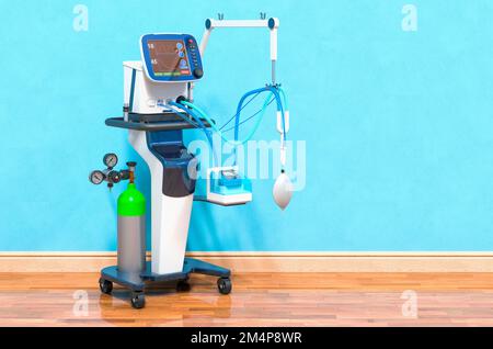 Medizinischer Ventilator im Raum in Wandnähe, 3D-Rendering Stockfoto