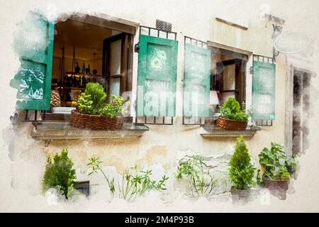 Die Straße der Altstadt. Haus und Fenster mit hölzernen grünen Fensterläden. Blumen in Töpfen. Aquarelldarstellung. Ein Wahrzeichen Europas. Retro-Shop im europäischen Stil Stockfoto