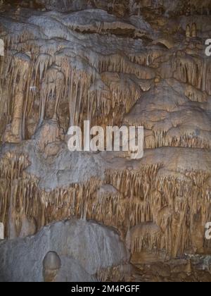 Stalaktitenformationen im Baerenhoehle, Karlshoehle, Erpfinger Hoehle, Stalaktitenhöhle, zum UNESCO-Weltkulturerbe gehörender Schwabenalbengeopark, Schwabenalb Stockfoto