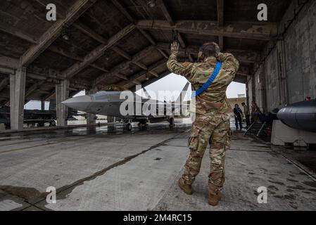 Ein Besatzungsmitglied der 525. Flugzeugwartungseinheit, Joint Base Elmendorf-Richardson, Alaska, kommuniziert mit einem Piloten der 525. Kampfgeschwader, bevor er vom Kadena Luftwaffenstützpunkt am 16. Dezember 2022 startet. Der Einsatz neuerer und fortschrittlicherer Flugzeuge in Kadena veranschaulicht das anhaltende Engagement des Verteidigungsministeriums, die Haltung zu verbessern und gleichzeitig auf der starken Grundlage der Allianz mit Japan aufzubauen. (USA Air Force Foto von Airman 1. Class Sebastian Romawac) Stockfoto