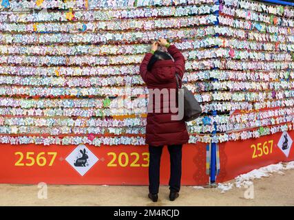 Seoul, Südkorea. 20.. Dezember 2022. Ein Besucher hängt eine Neujahrswunschnotiz an den Neujahrswunschturm 2023 im Jogyesa-Tempel, einem der buddhistischen Tempel in Seoul. (Kreditbild: © Kim Jae-Hwan/SOPA Bilder über ZUMA Press Wire) Stockfoto