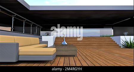 Das komfortable Sofa mit Holztisch auf der Terrasse vor den hölzernen Stufen. Großes reflektierendes Fenster im Wohnzimmer. 3D-Rendering. Stockfoto