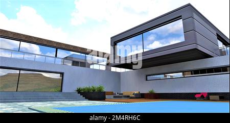 Eine erfolgreiche Kombination aus Wanddekoration eines eleganten Familienhauses mit weißen und schwarzen Ziegeln und Aluminiumelementen. 3D-Rendering. Stockfoto